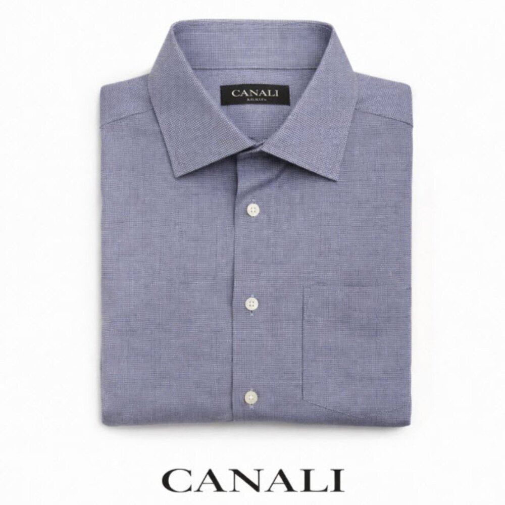 Canali Light Blue Micro-Check Dress Shirt 46 / 18 cotton Professional Men's